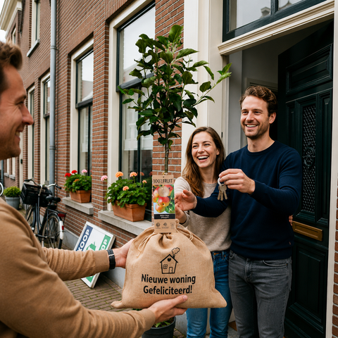 Appelboom cadeau in jute zak ‘Nieuwe woning, gefeliciteerd’